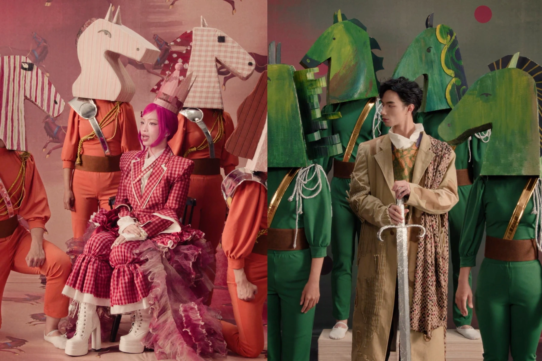 Performers with paper horses on stage